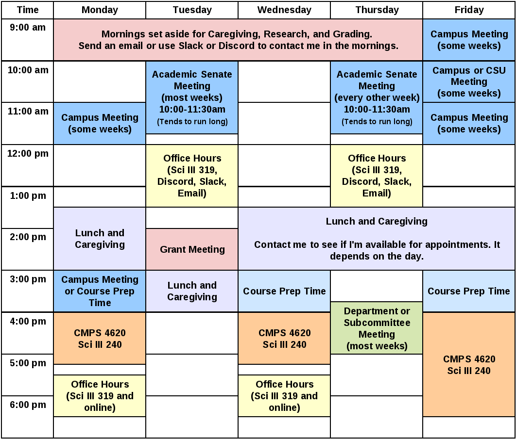 Mornings: Senate and Meetings; Early Afternoon: Lunch and Caregiving; Late Afternoon/Early Evening: Classes and Grants